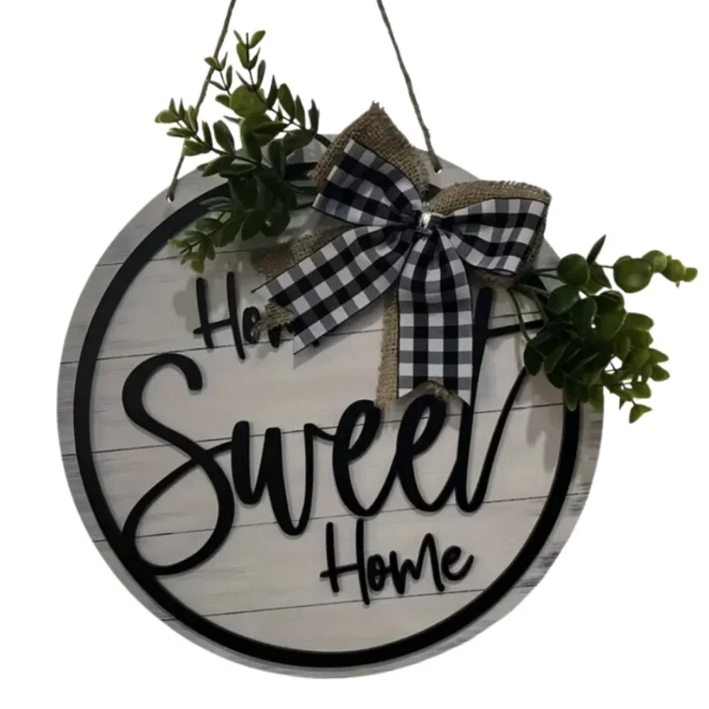 Home Sweet Home Front Door Hanging Sign with Buffalo Check Bow Farmhouse Shiplap